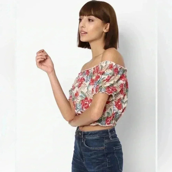 American Eagle Floral Hawaiian Off The Shoulder Crop Top Cotton Linen Size M - Picture 8 of 8